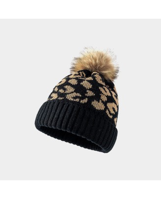 Trendy leopard print pom-pom knit hat